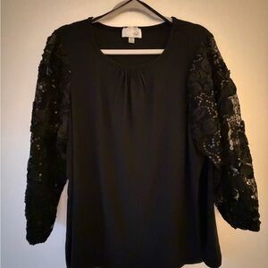 Cupio Elegant Black Top with Lace Sleeves